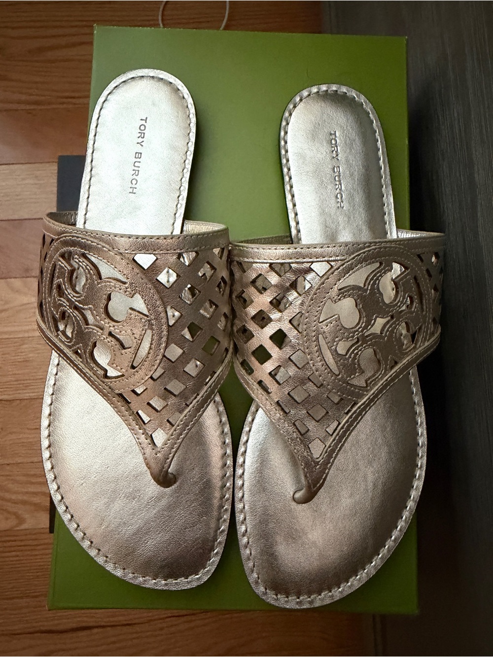 Tory Burch Metallic Gold Leather Cutout Thong Sandals